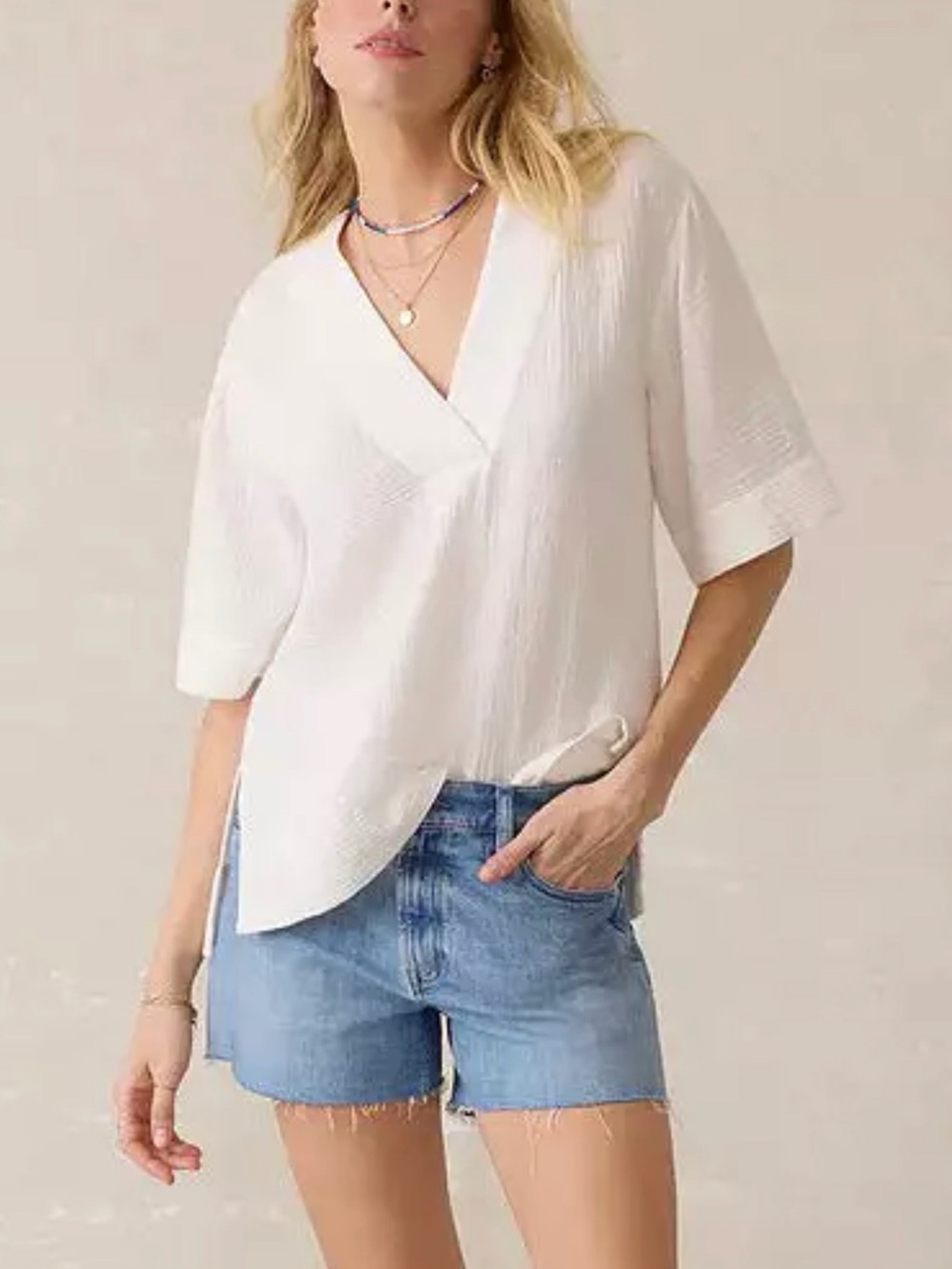 Faherty White Dune Cotton Gauze Popover V-Neck size S